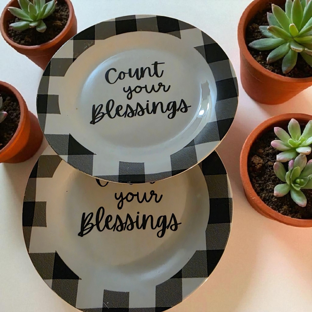 Blac White Checkered Side Salad Stoneware Plates 2 Pc Set Count Your Blessings